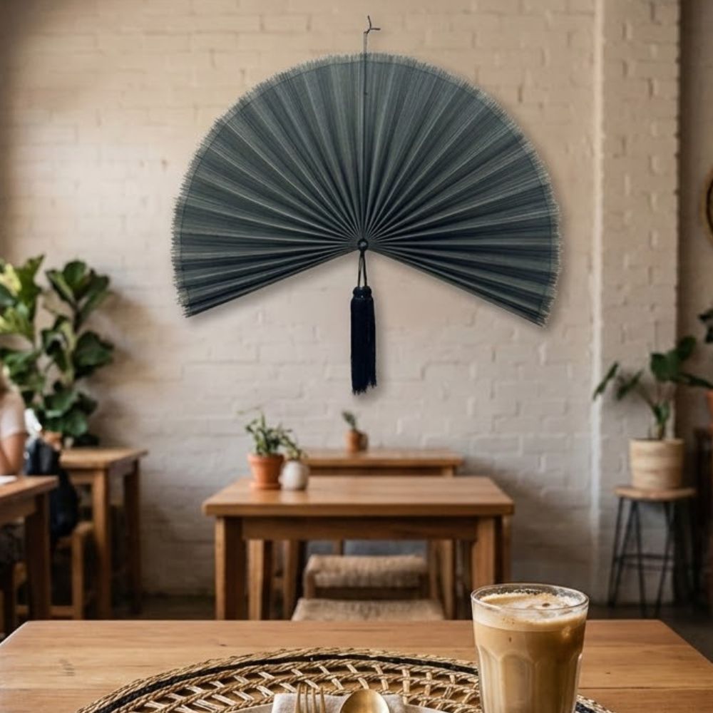 Oversized Grey Bamboo Fan Wall Decor – Handmade Folding Wall Art for Boho Living Room