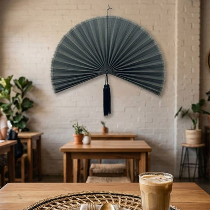 Oversized Grey Bamboo Fan Wall Decor – Handmade Folding Wall Art for Boho Living Room