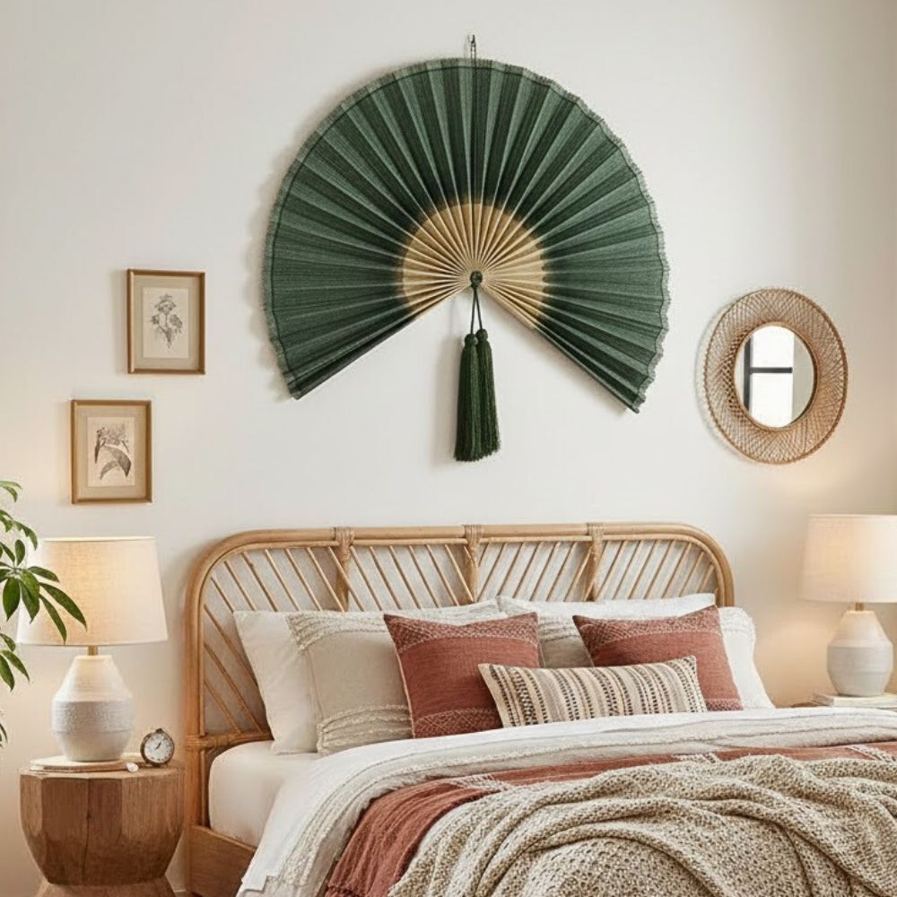 Large Bamboo Wall Fan – Handmade Boho Japandi Headboard & Wall Decor, Handcrafted Bamboo Wall Fan