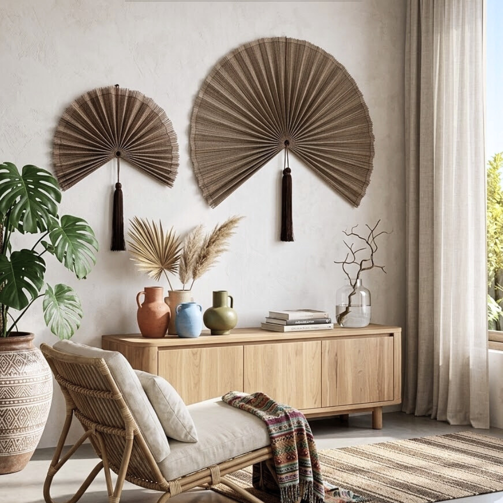 Handmade Bamboo Wall Fan Set – Chestnut Brown Wabi Sabi & Japandi Wall Decor for Headboard, Artisan Gift