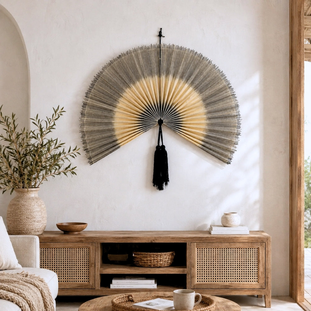 Handcrafted Large Bamboo Wall Fan Decor – 40 Inch Natural Woven Wall Art with Tassel Accent, Boho Home Statement Piece & Handmade Gift Idea