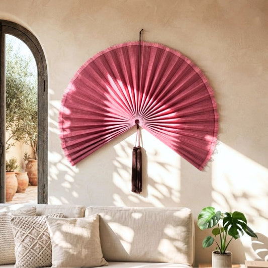 Pink Bamboo Wall Fan Handmade Woven Wall Decor for Natural Interiors