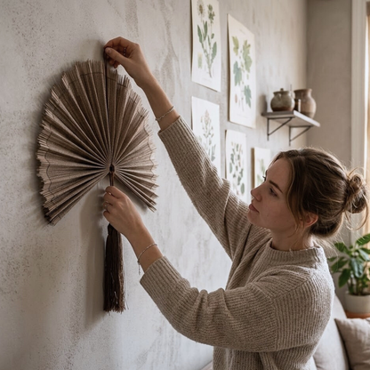 20-inch Chestnut Brown Bamboo Wall Fan – Boho Wabi Sabi Style Decor, Handcrafted Bamboo Fan for Living Room, Bedroom & Gift Idea