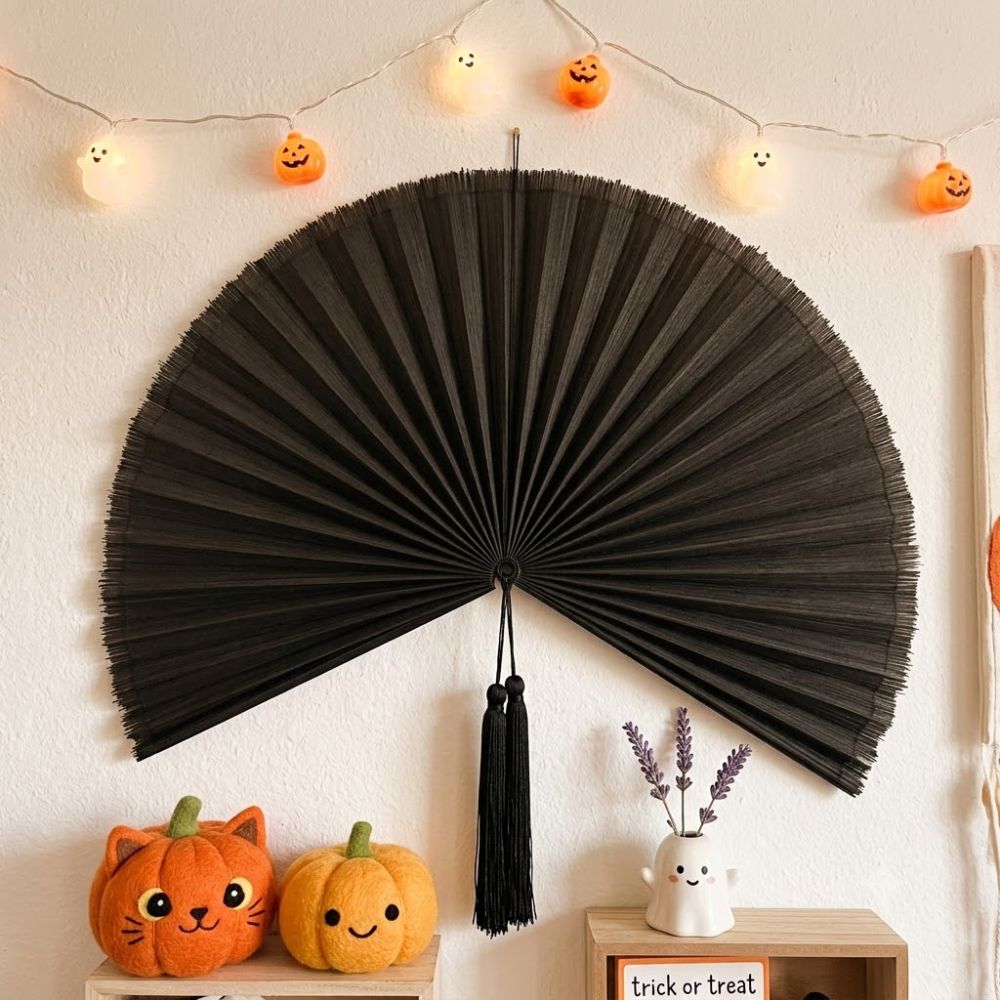 Black Bamboo Wall Fan Decor, Gothic Boho Halloween Wall Art, Dark Bohemian Home Decor & Statement Accent