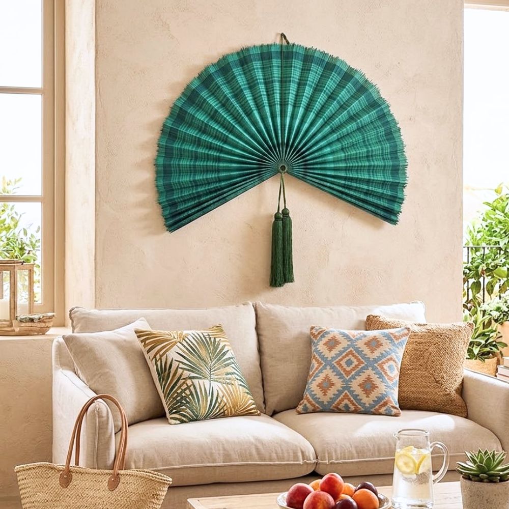 Oversized Large Bamboo Wall Fan – Emerald Green Handwoven Wall Decor, Natural Statement Hanging Art for Living Room, Bedroom & Home Interior