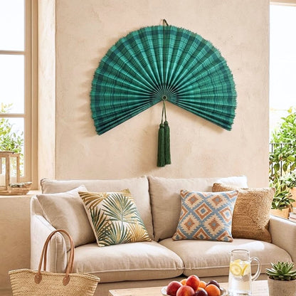 Oversized Large Bamboo Wall Fan – Emerald Green Handwoven Wall Decor, Natural Statement Hanging Art for Living Room, Bedroom & Home Interior