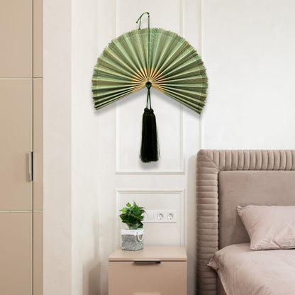 Green Bamboo Wall Fan Wall Decor, Summer Boho Wall Art, Woven Fan Headboard, Handmade Hanging Gift Idea