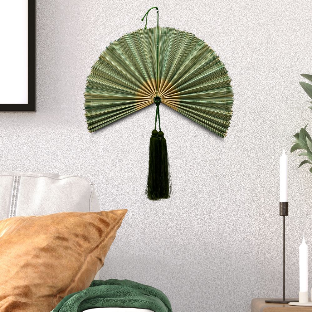 Green Bamboo Wall Fan Wall Decor, Summer Boho Wall Art, Woven Fan Headboard, Handmade Hanging Gift Idea