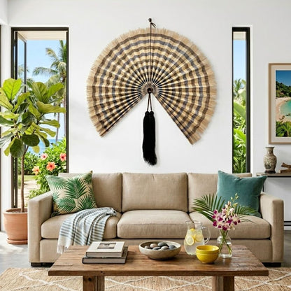 Handcrafted Bamboo Wall Fan Decor – Oversized Natural Woven Wall Hanging with Tassel Accent