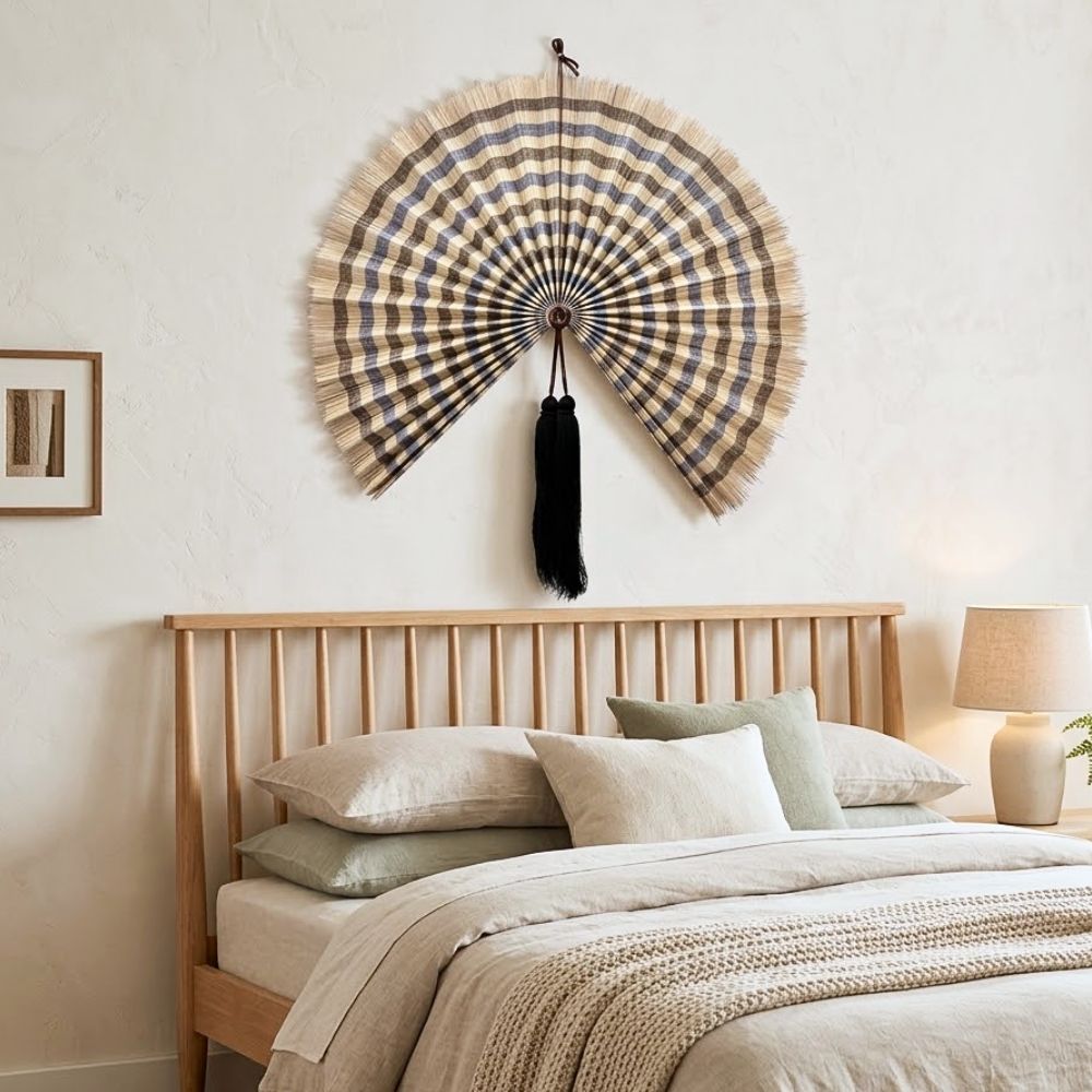 Handcrafted Bamboo Wall Fan Decor – Oversized Natural Woven Wall Hanging with Tassel Accent