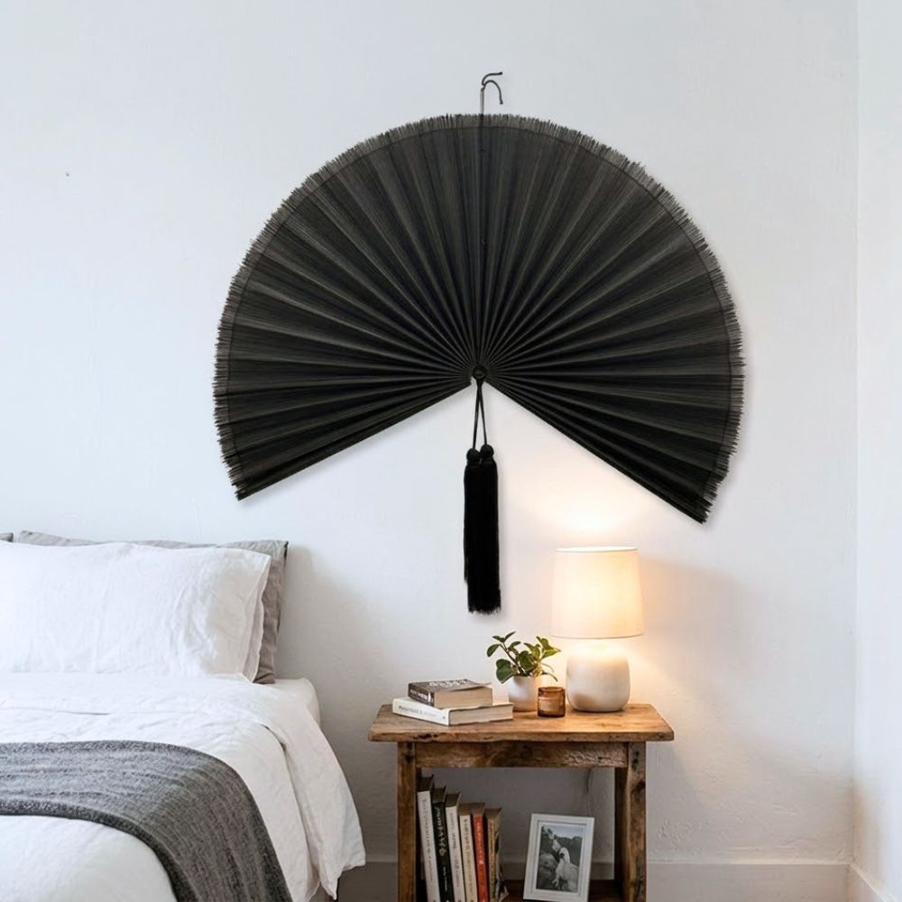 Black Bamboo Wall Fan Decor, Gothic Boho Halloween Wall Art, Dark Bohemian Home Decor & Statement Accent