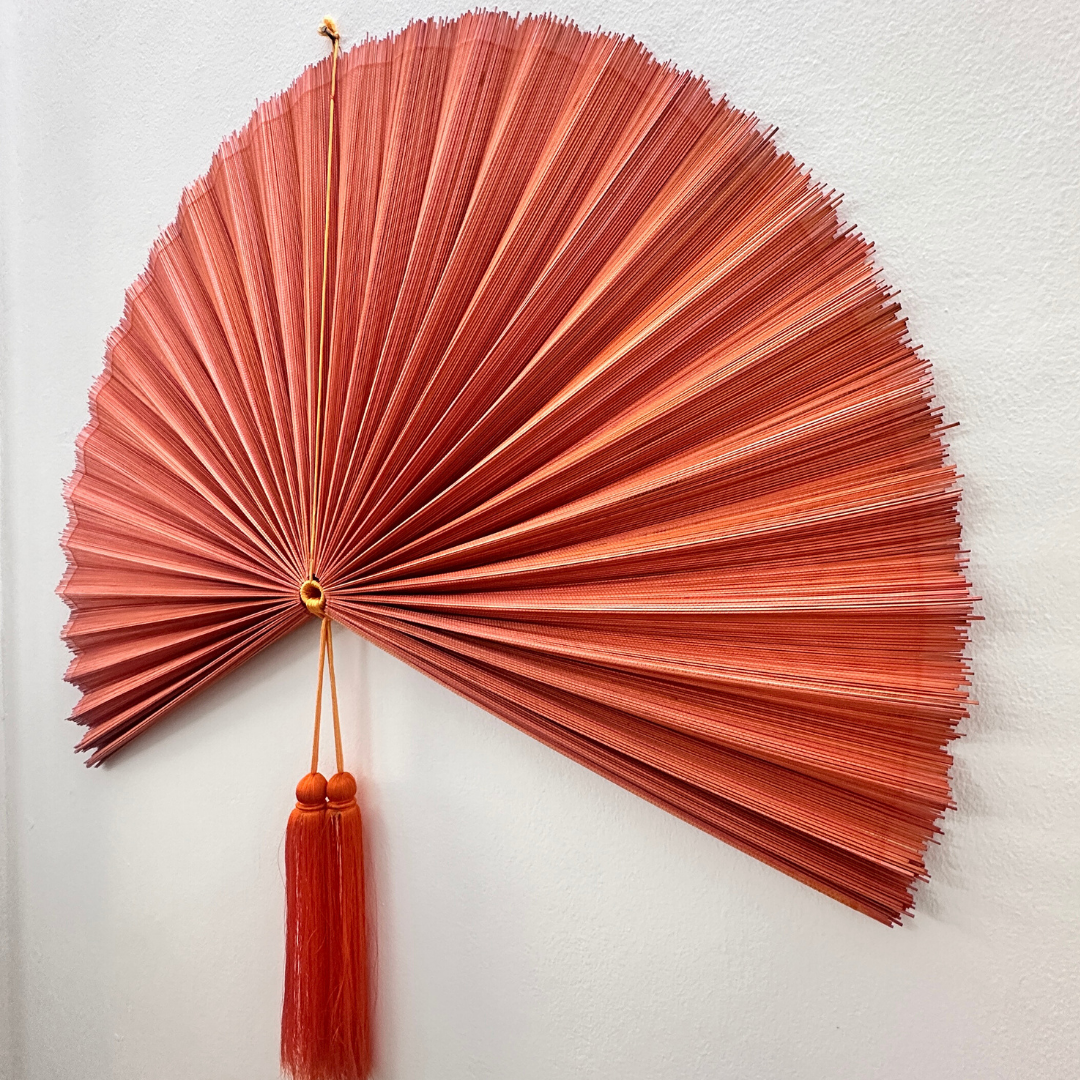 Orange Bamboo Fan, Bamboo Fan Wall Decor, Folding Fan Headboard, Boho Wall Art, Handmade Gift