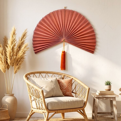 Orange Bamboo Fan, Bamboo Fan Wall Decor, Folding Fan Headboard, Boho Wall Art, Handmade Gift