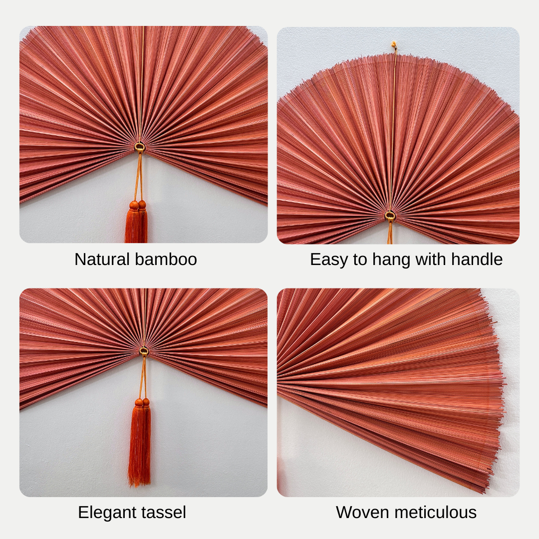 Orange Bamboo Fan, Bamboo Fan Wall Decor, Folding Fan Headboard, Boho Wall Art, Handmade Gift