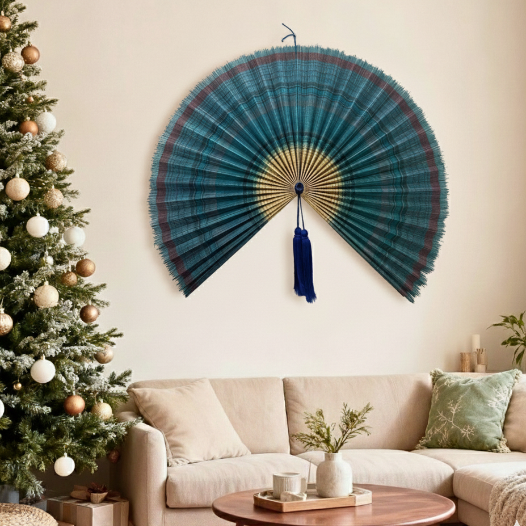 Handmade Ocean Blue Bamboo Wall Fan (40in) Coastal Boho Christmas Decor