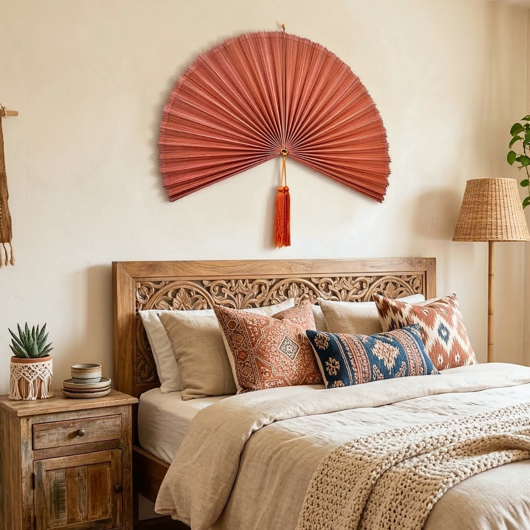 Orange Bamboo Fan, Bamboo Fan Wall Decor, Folding Fan Headboard, Boho Wall Art, Handmade Gift