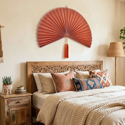Orange Bamboo Fan, Bamboo Fan Wall Decor, Folding Fan Headboard, Boho Wall Art, Handmade Gift