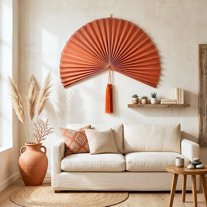 Orange Bamboo Fan, Bamboo Fan Wall Decor, Folding Fan Headboard, Boho Wall Art, Handmade Gift