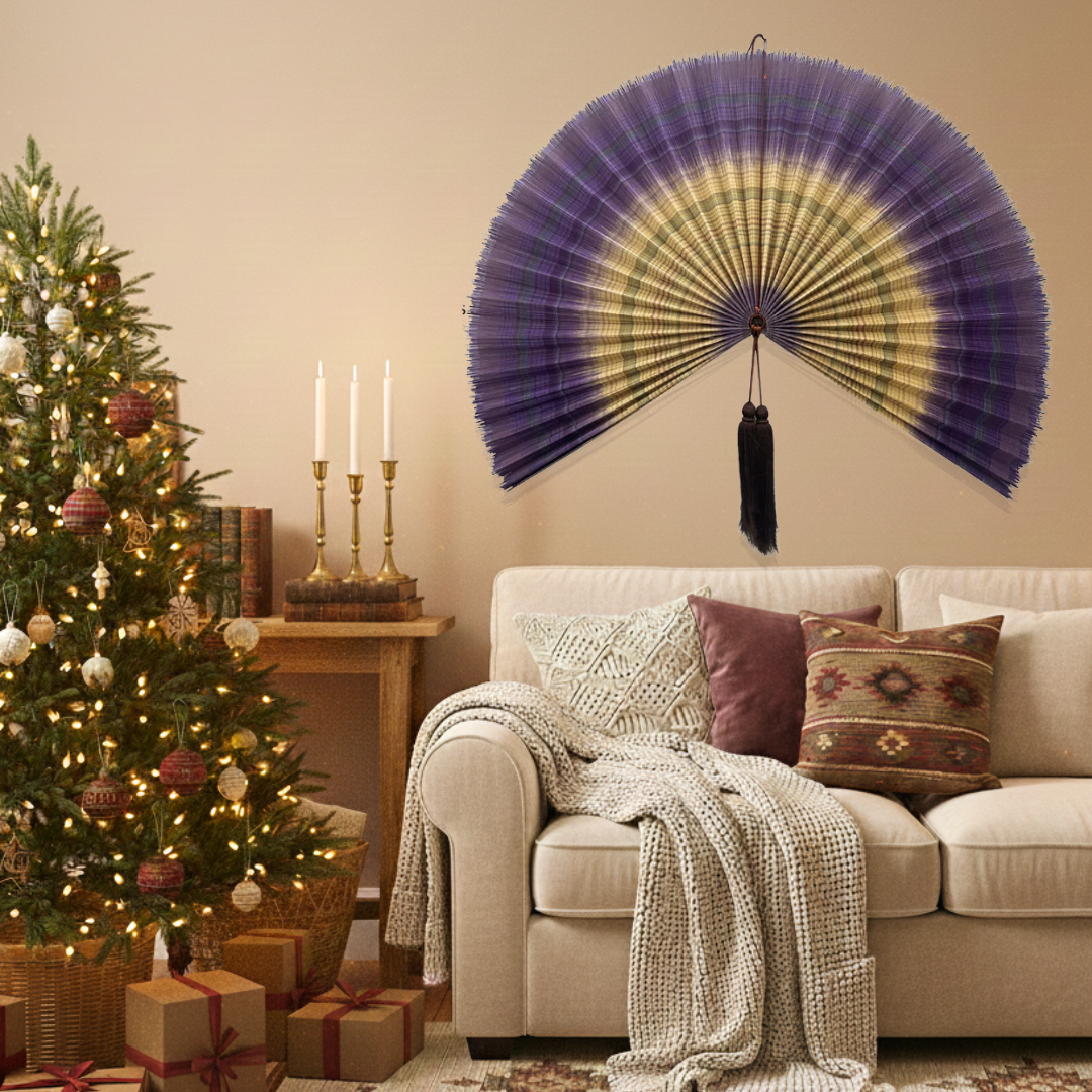 Large Lavender Bamboo Wall Fan (40 inch) Woven Decor & Handmade Gift
