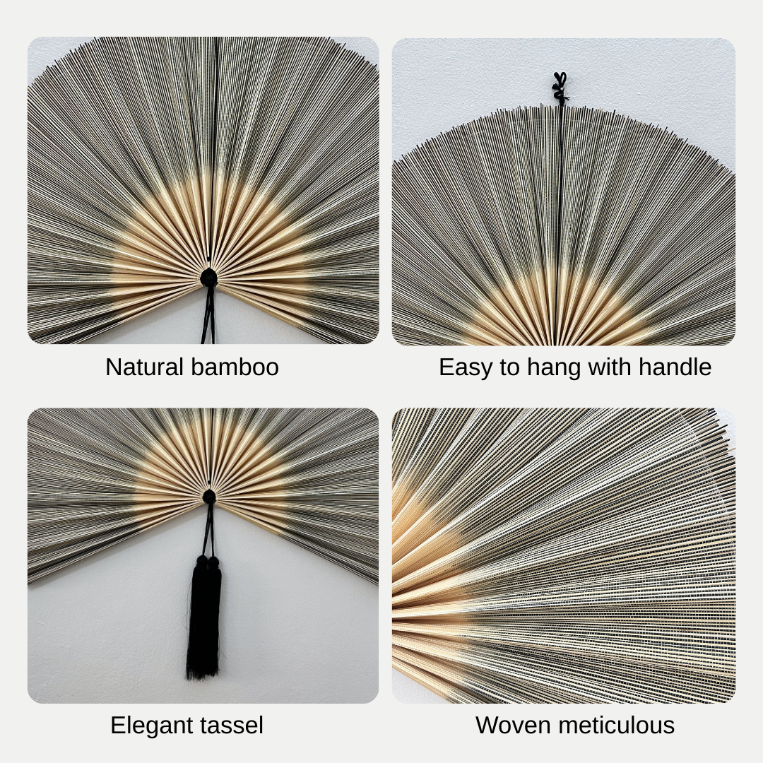 Large Handcrafted Bamboo Fan Wall Decor, Japandi Boho Wall Hanging for Bedroom & Living Room