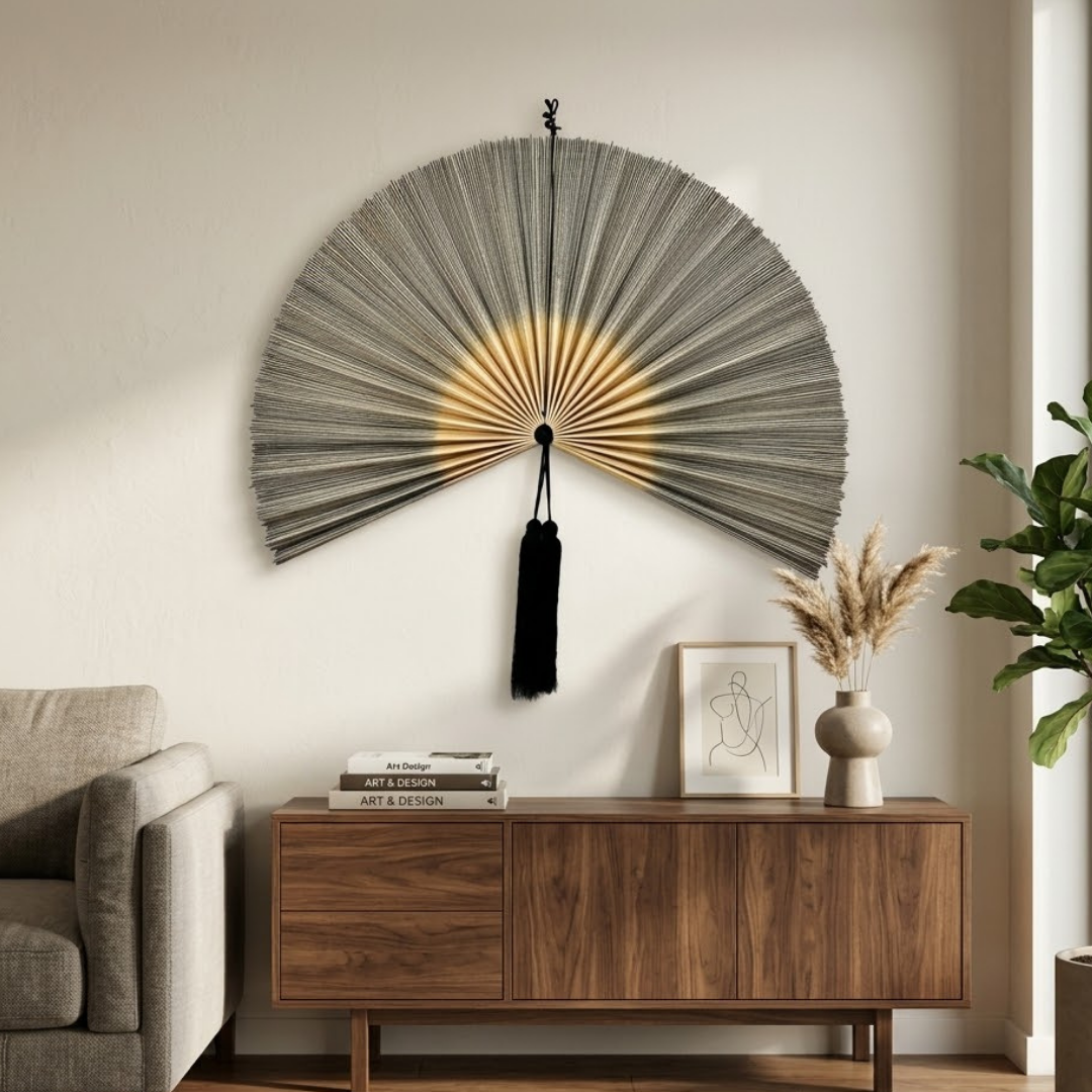 Large Handcrafted Bamboo Fan Wall Decor, Japandi Boho Wall Hanging for Bedroom & Living Room
