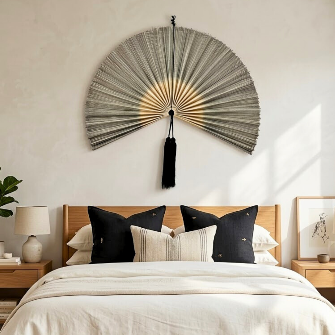 Large Handcrafted Bamboo Fan Wall Decor, Japandi Boho Wall Hanging for Bedroom & Living Room