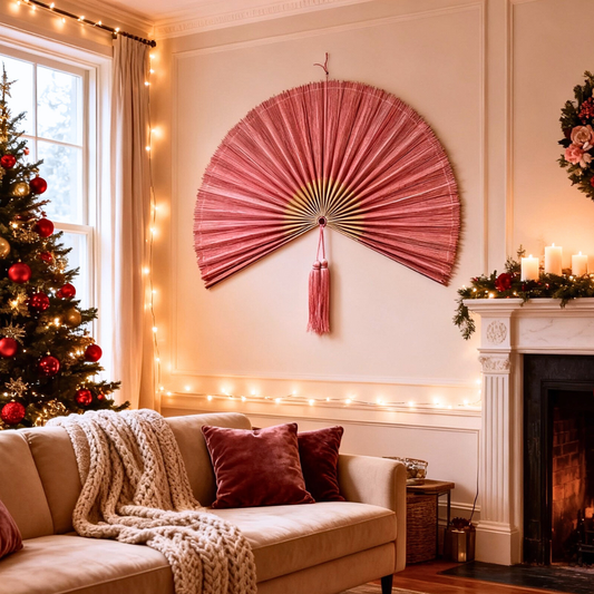 Pink Mix Handwoven Bamboo Fan Large Boho Wall Decor Gift