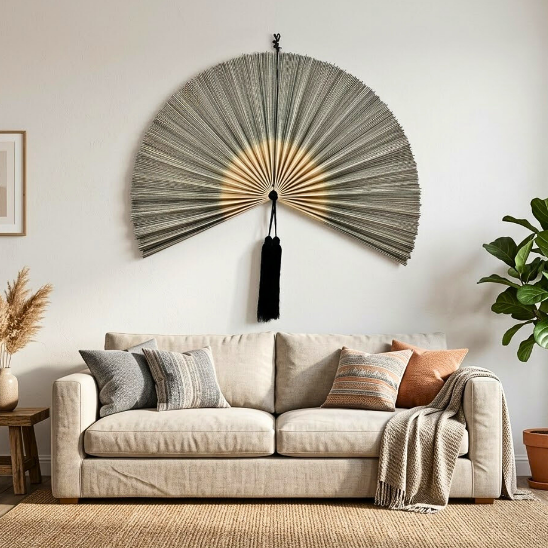 Large Handcrafted Bamboo Fan Wall Decor, Japandi Boho Wall Hanging for Bedroom & Living Room