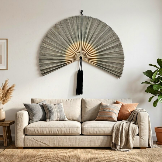 Large Handcrafted Bamboo Fan Wall Decor, Japandi Boho Wall Hanging for Bedroom & Living Room