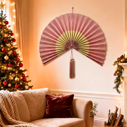 Natural Pink Handwoven Bamboo Wall Fan Boho Headboard Art & Christmas Decor