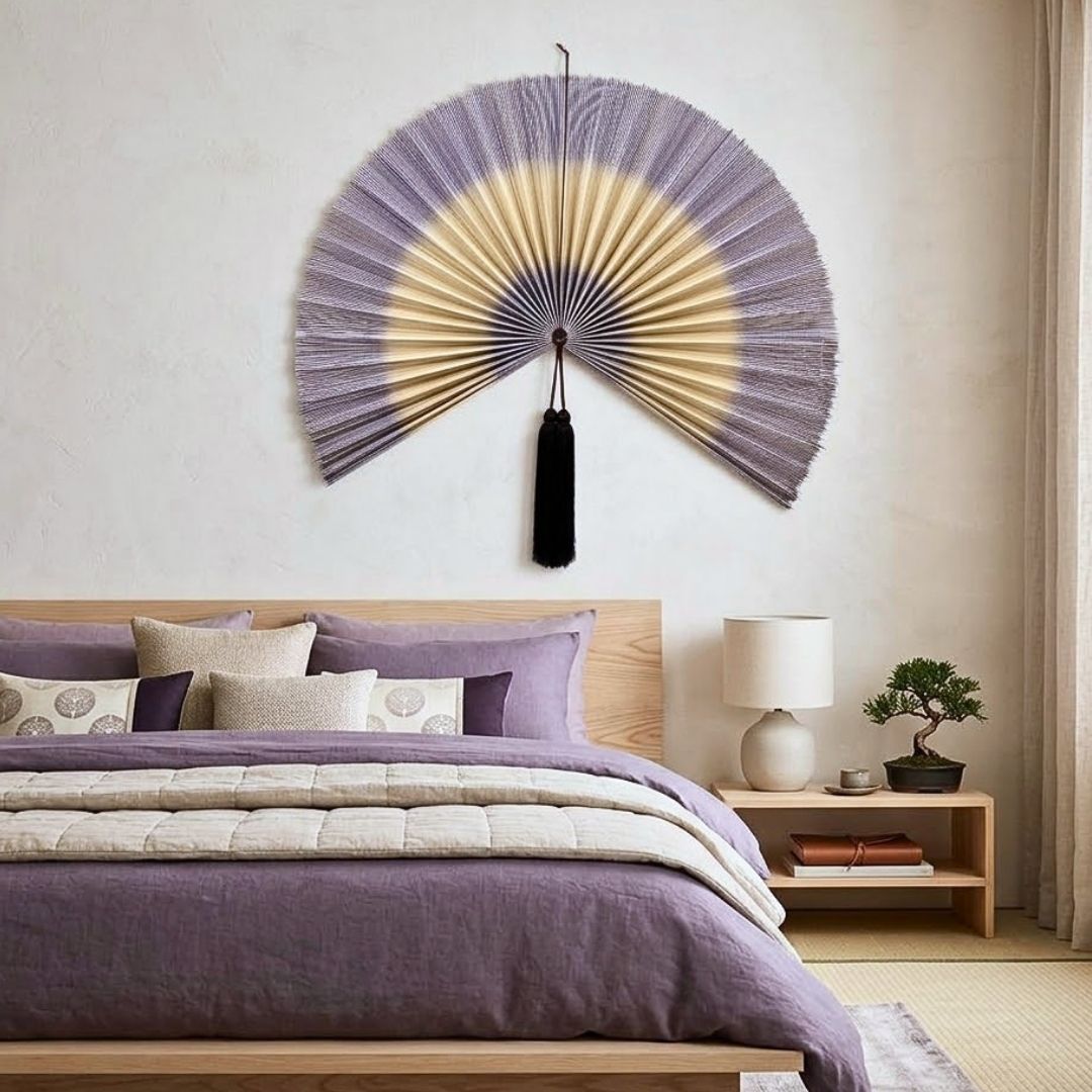 Large Bamboo Fan Wall Decor Handmade Boho Wall Art Oversized Asian Wall Hanging for Living Room Bedroom Headboard