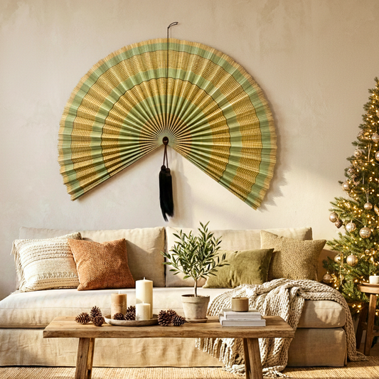 Olive Green Stripe Bamboo Wall Fan (40in) Vietnamese Woven Art Decor