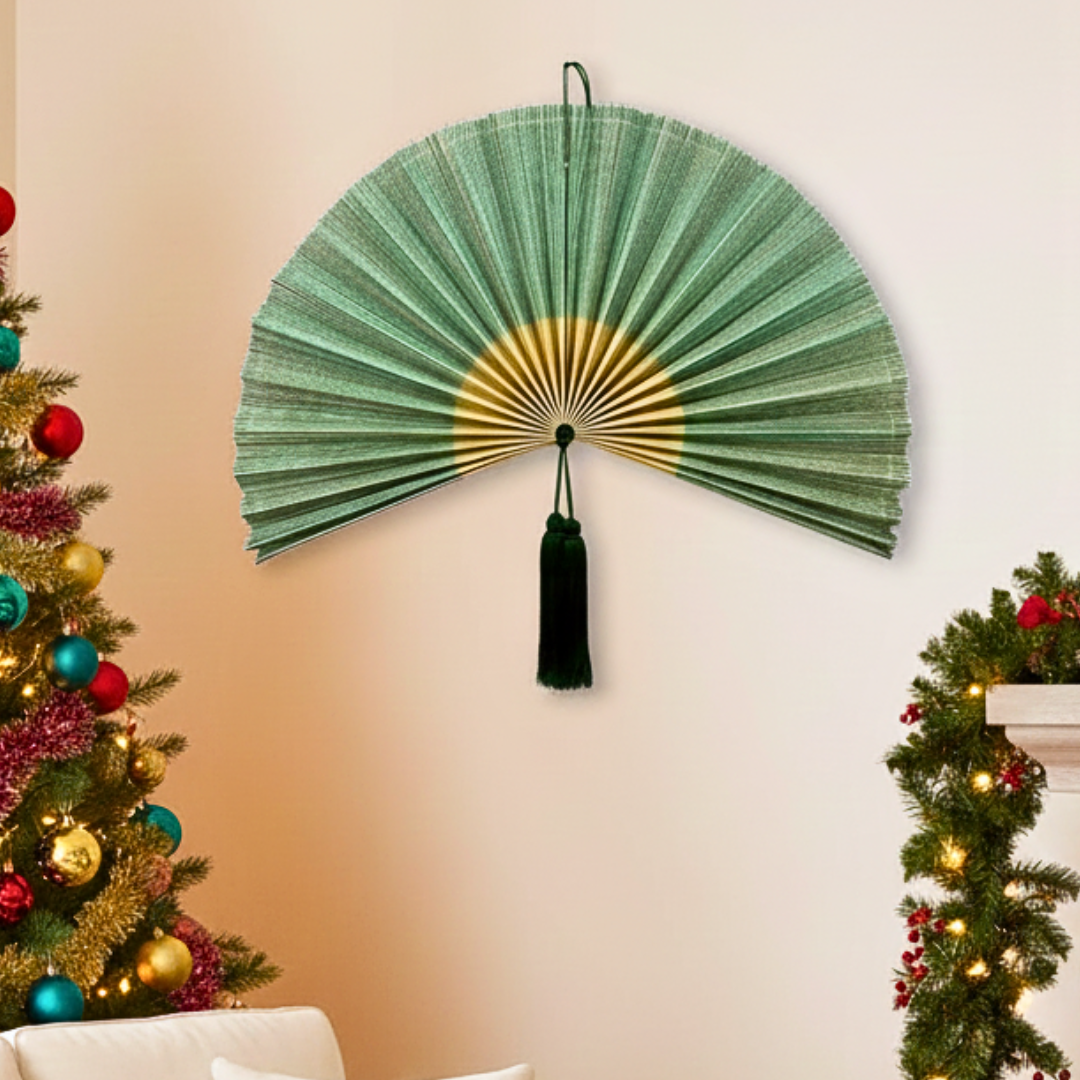 Green Handwoven Bamboo Wall Fan Boho Headboard Art & Christmas Gift
