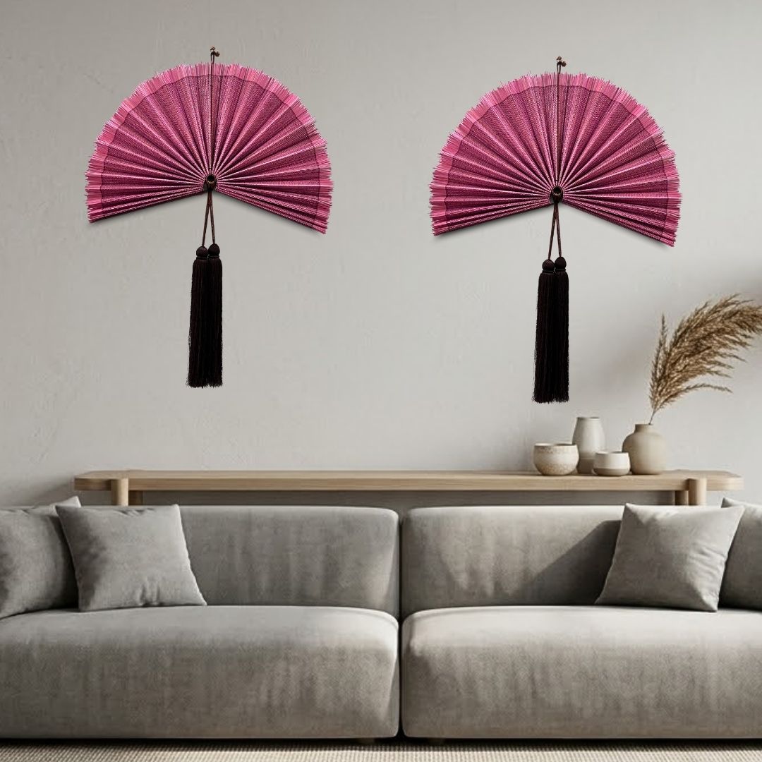 Bamboo Wall Fan 20" Handmade – Boho Decor with Tassel, Woven Wall Hanging Gift