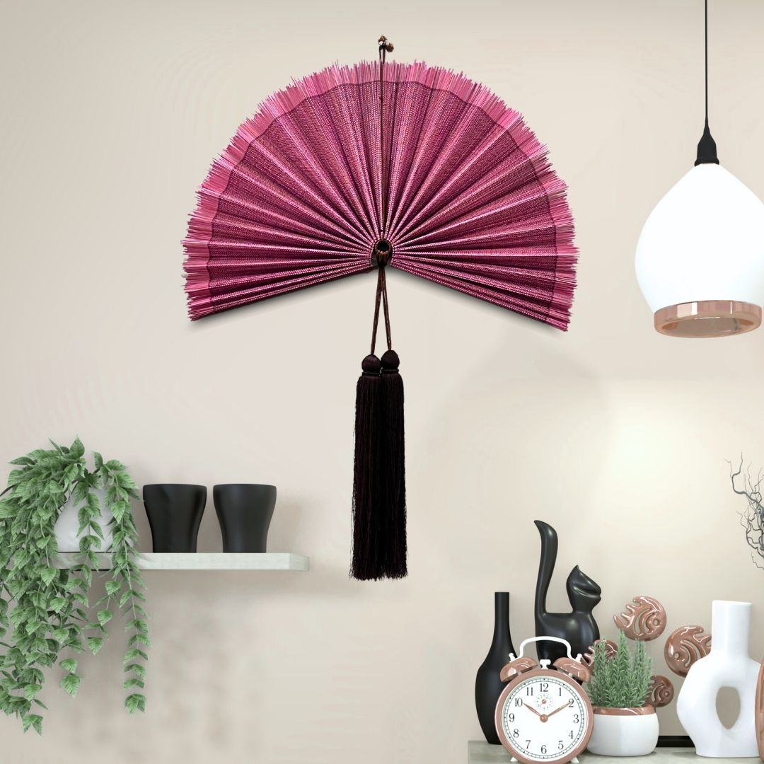 Bamboo Wall Fan 20" Handmade – Boho Decor with Tassel, Woven Wall Hanging Gift