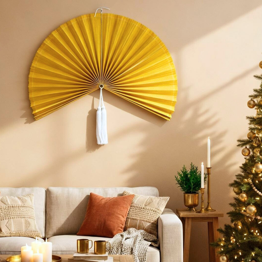 Handwoven Bamboo Wall Fan (40in) Golden Yellow Boho Holiday Decor