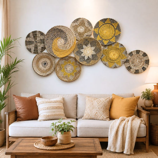 Boho Seagrass Wall Basket Set 9 Handmade Woven Wall Decor Plates