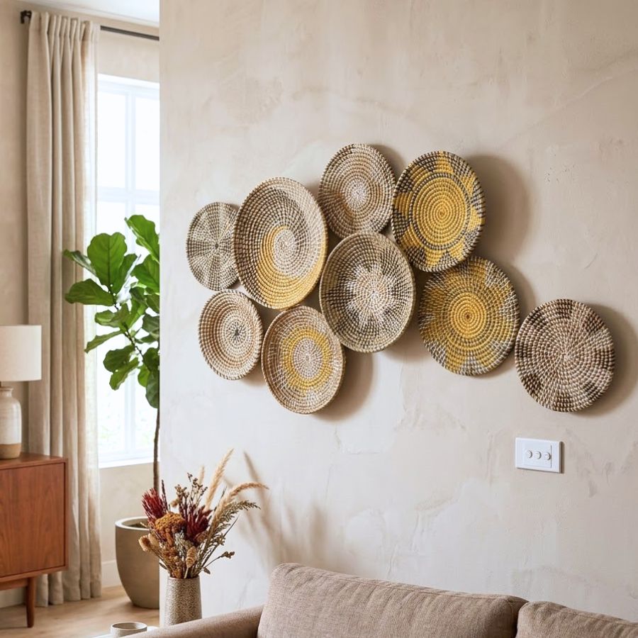 Boho Seagrass Wall Basket Set 9 Handmade Woven Wall Decor Plates