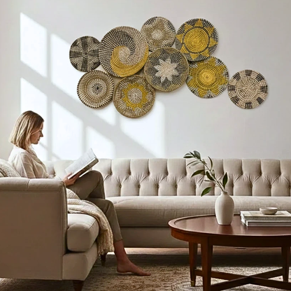 Boho Seagrass Wall Basket Set 9 Handmade Woven Wall Decor Plates