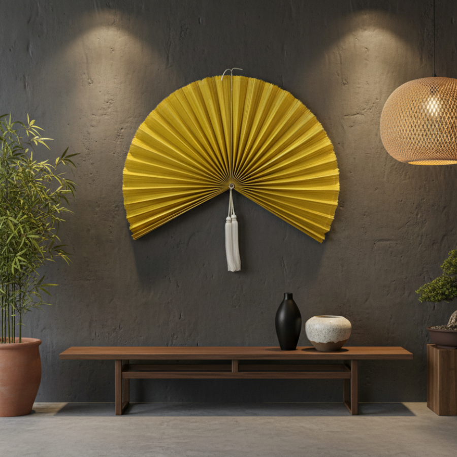 Handwoven Bamboo Wall Fan (40in) Golden Yellow Boho Holiday Decor