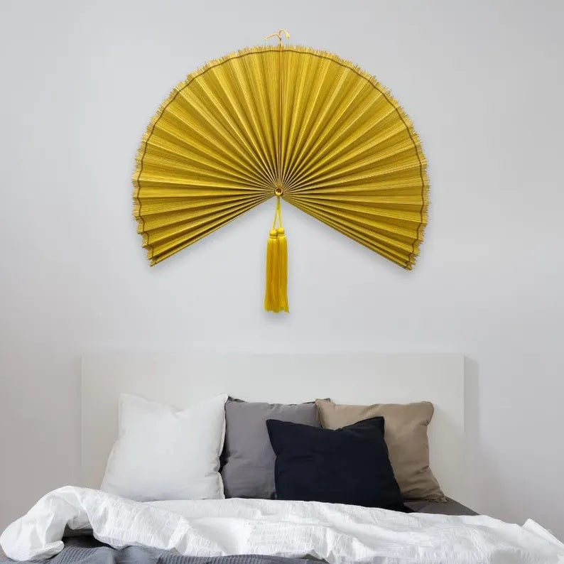 Large Oversized Yellow Bamboo Folding Fan Wall Decor with Tassel, Boho Woven Wall Hanging, Statement Headboard & Summer Home Accent