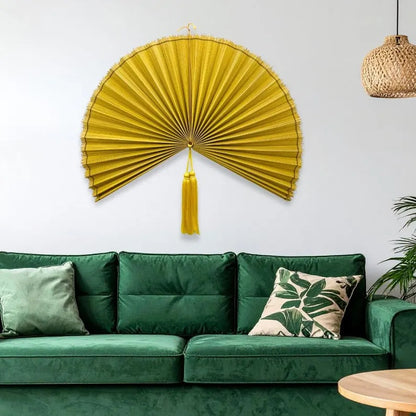 Large Oversized Yellow Bamboo Folding Fan Wall Decor with Tassel, Boho Woven Wall Hanging, Statement Headboard & Summer Home Accent