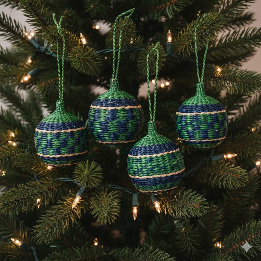 Woven Christmas Tree Ornaments Natural Fiber Handmade Holiday Decor