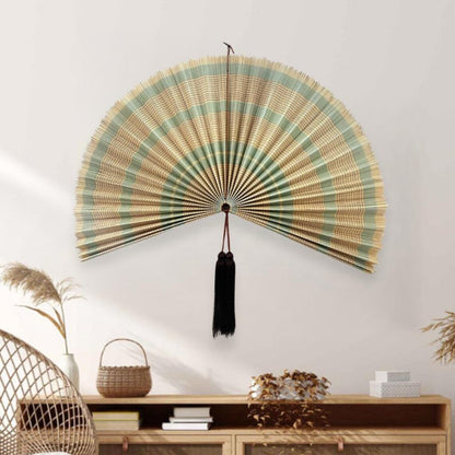 Oversized Bamboo Fan Wall Decor, Boho Headboard Art, Summer Home Decor, Handcrafted Olive Green