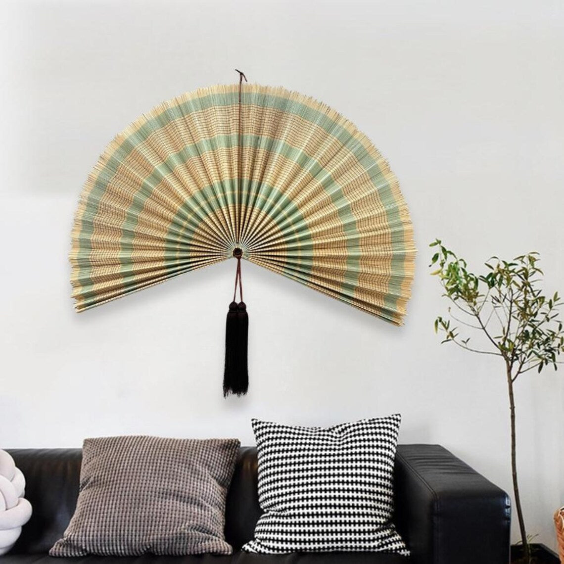 Oversized Bamboo Fan Wall Decor, Boho Headboard Art, Summer Home Decor, Handcrafted Olive Green