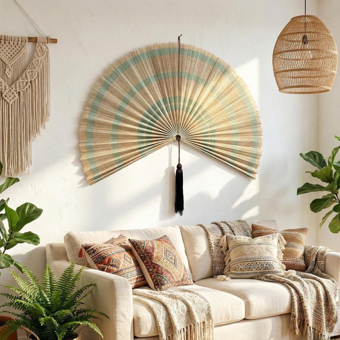 Oversized Bamboo Fan Wall Decor, Boho Headboard Art, Summer Home Decor, Handcrafted Olive Green