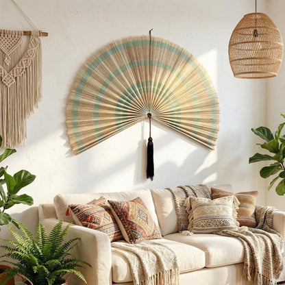 Oversized Bamboo Fan Wall Decor, Boho Headboard Art, Summer Home Decor, Handcrafted Olive Green