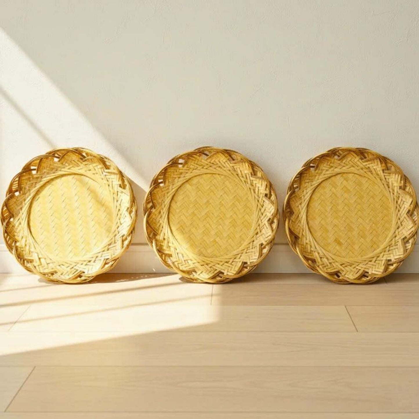 Set of 3 Woven Flower Shape Bamboo Flat Basket Tray: Handmade Round Woven Basket for Dining Table & Wall Hanging