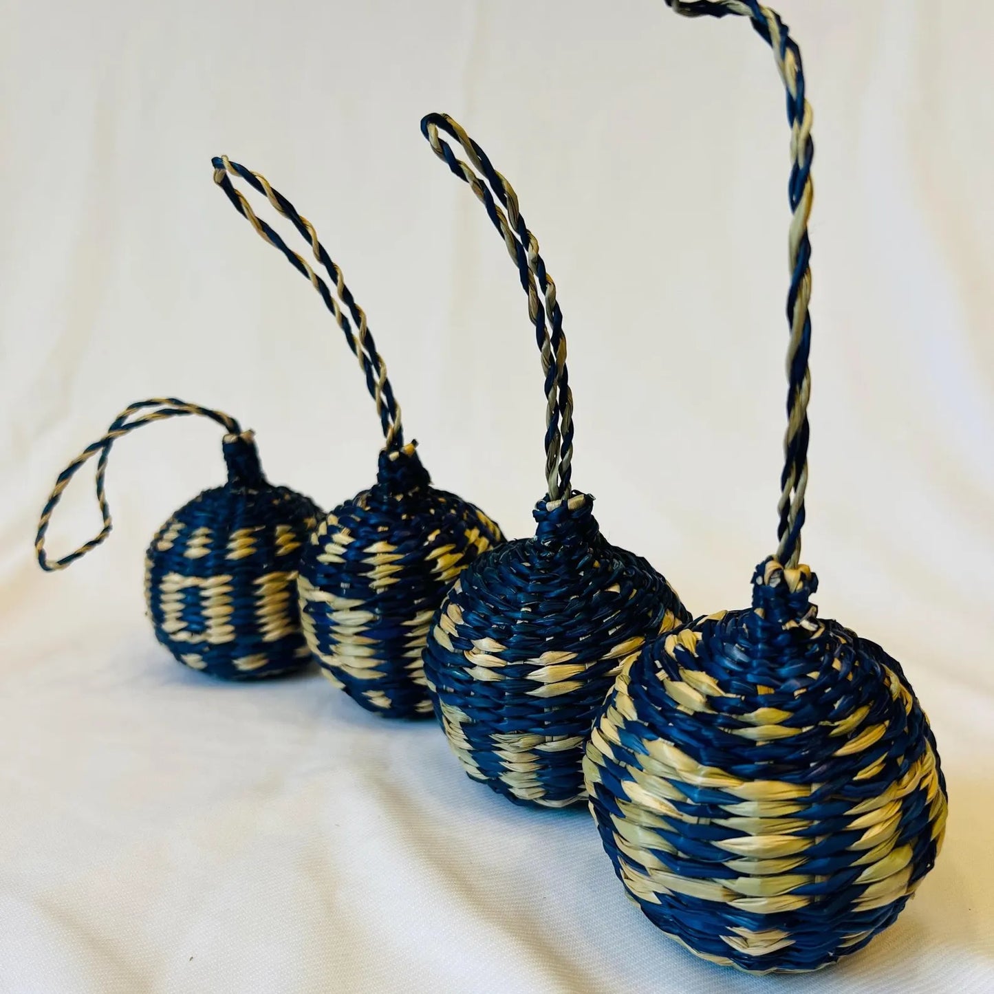 Navy Handwoven Seagrass Christmas Balls (Set of 4) – Boho Hanging Ornaments for Xmas Tree Decor