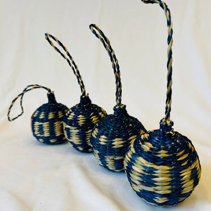 Navy Handwoven Seagrass Christmas Balls (Set of 4) – Boho Hanging Ornaments for Xmas Tree Decor